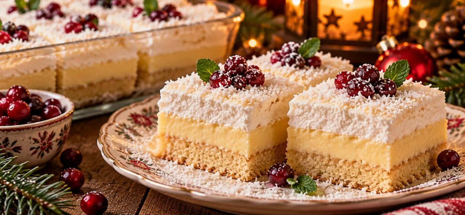 Kocke snježnog kremastog božićnog kolača sa kokosom